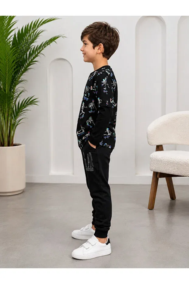 Детская футболка с принтом Crew neck skeleton skateboard printed children's t-shirt Modam Denstiny, Black — фото 3