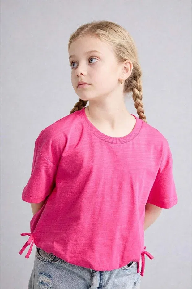 Детская футболка для девочек хлопковая Relax fit crew neck combed cotton short sleeve t-shirt for girls g1143a826sm Defacto, Pink-Pn178 — фото 3