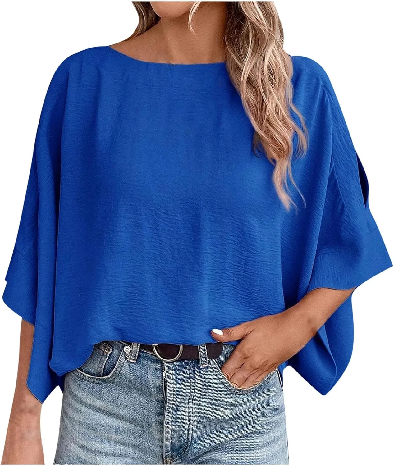 Женская блуза свободного кроя с рукавами 3/4, Blue