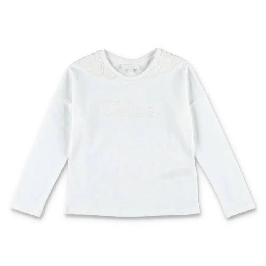 Футболка с длинным рукавом с вышивкой Chloe Girls Embroidered Long-Sleeve T-Shirt Chloé, Offwhite