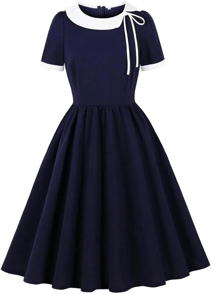 Женское винтажное платье А-силуэта с контрастными рукавами Generic, Navy Blue