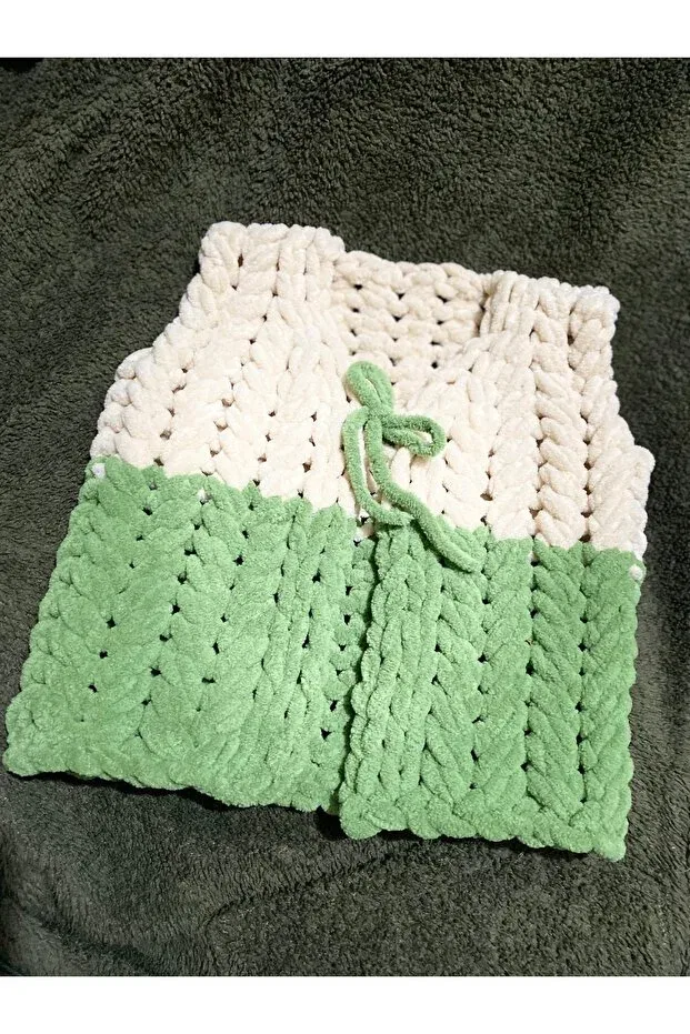 Детские пинетки и жилетка из вязаного трикотажа Cnsasf, Cream-Green — фото 2