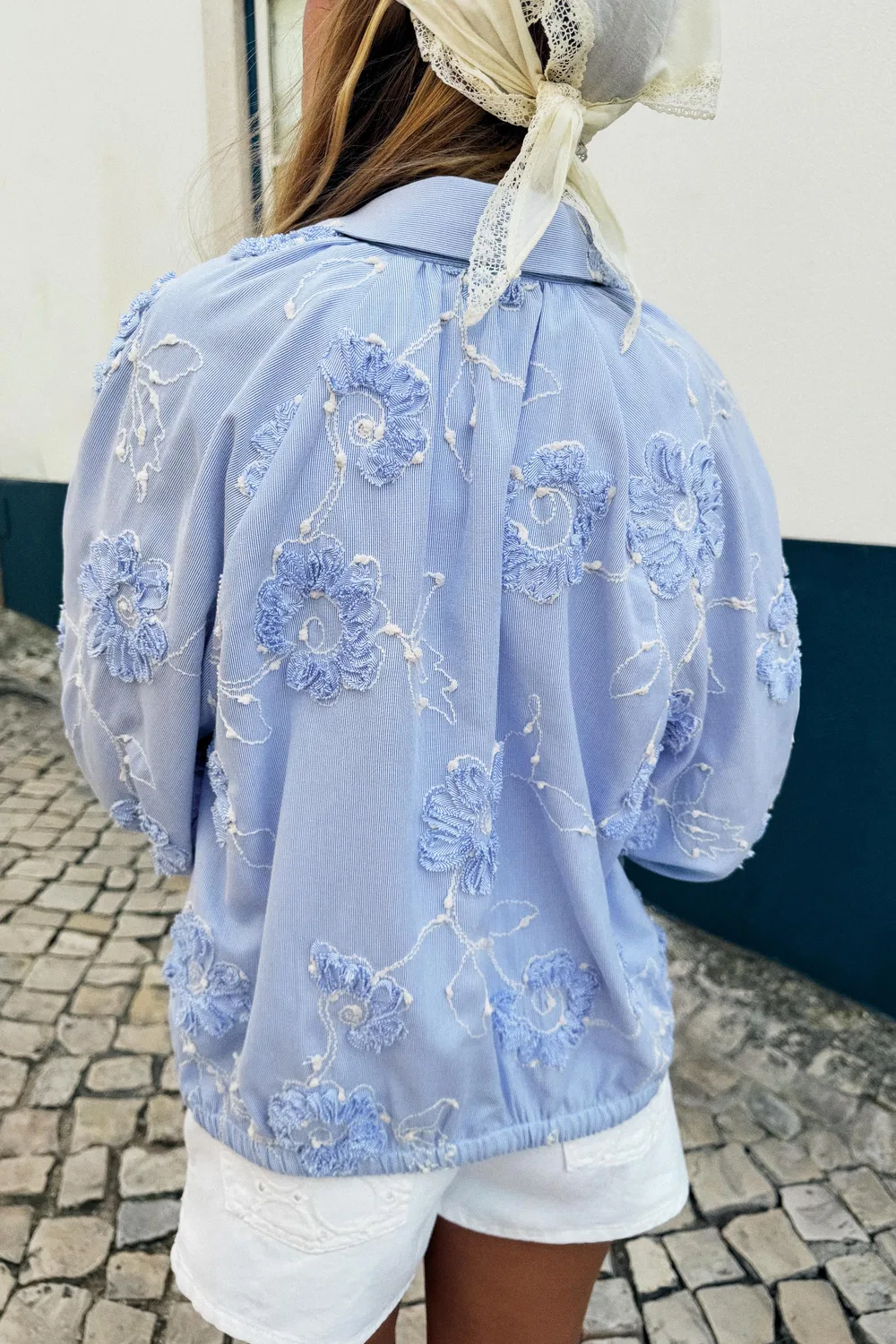 Рубашка с текстурированной цветочной вышивкой ZARA, Blue/White — фото 2