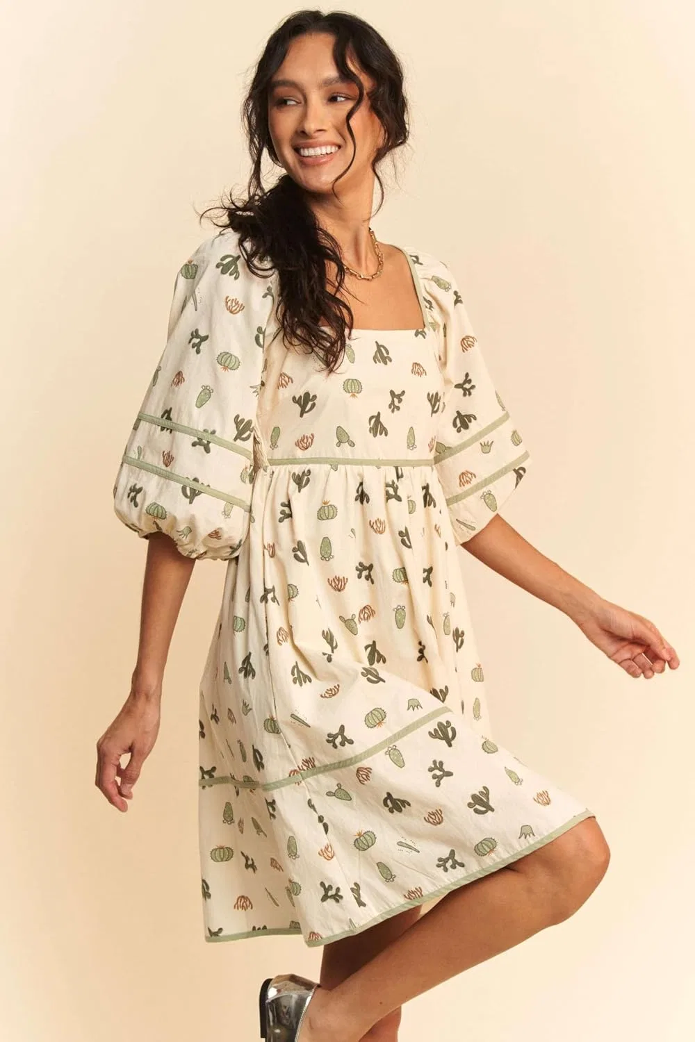 Женское мини-платье с принтом кактусов и тыкв Poplin, Cream/Green — фото 2