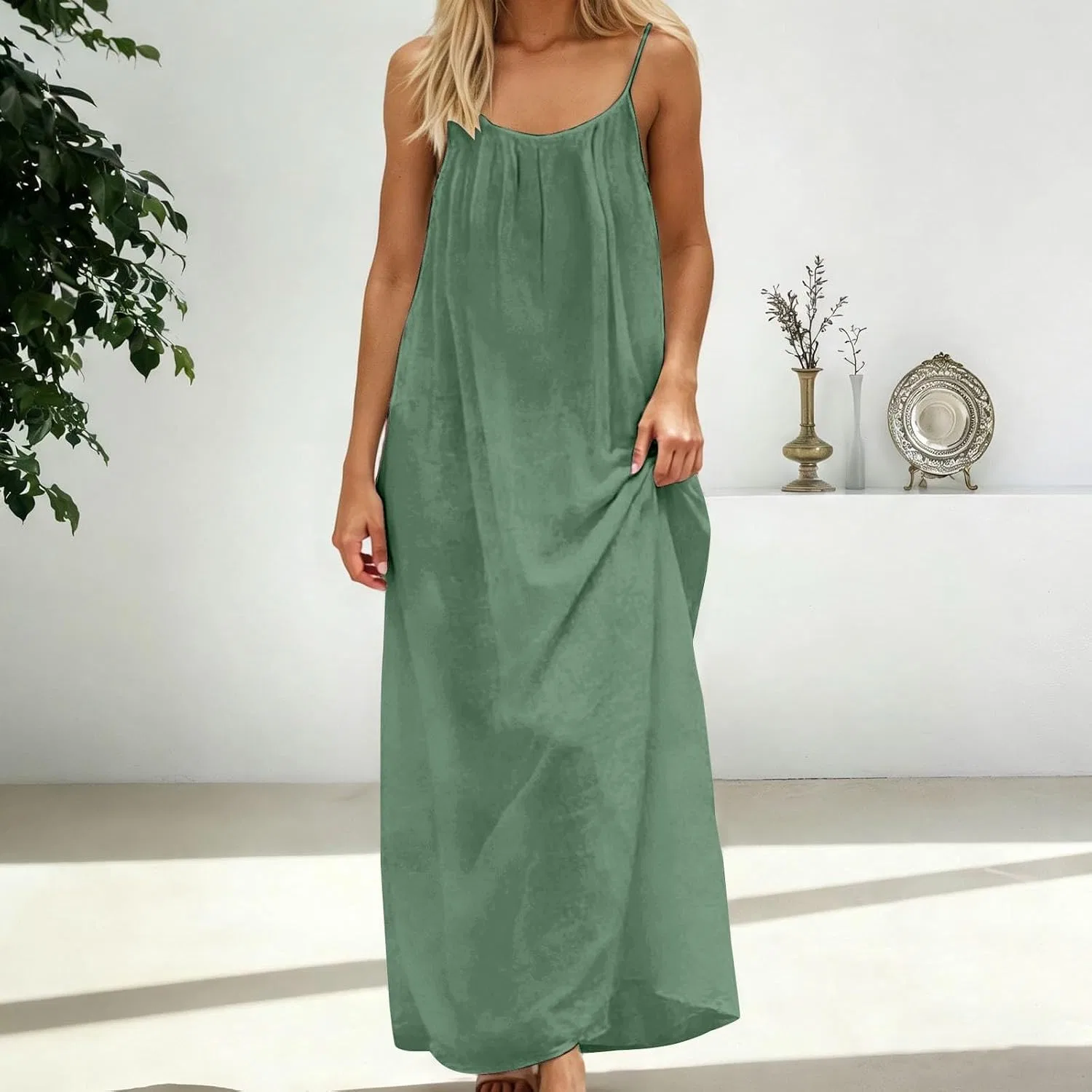 Женское летнее платье на бретелях с открытой спиной, Light Green — фото 3