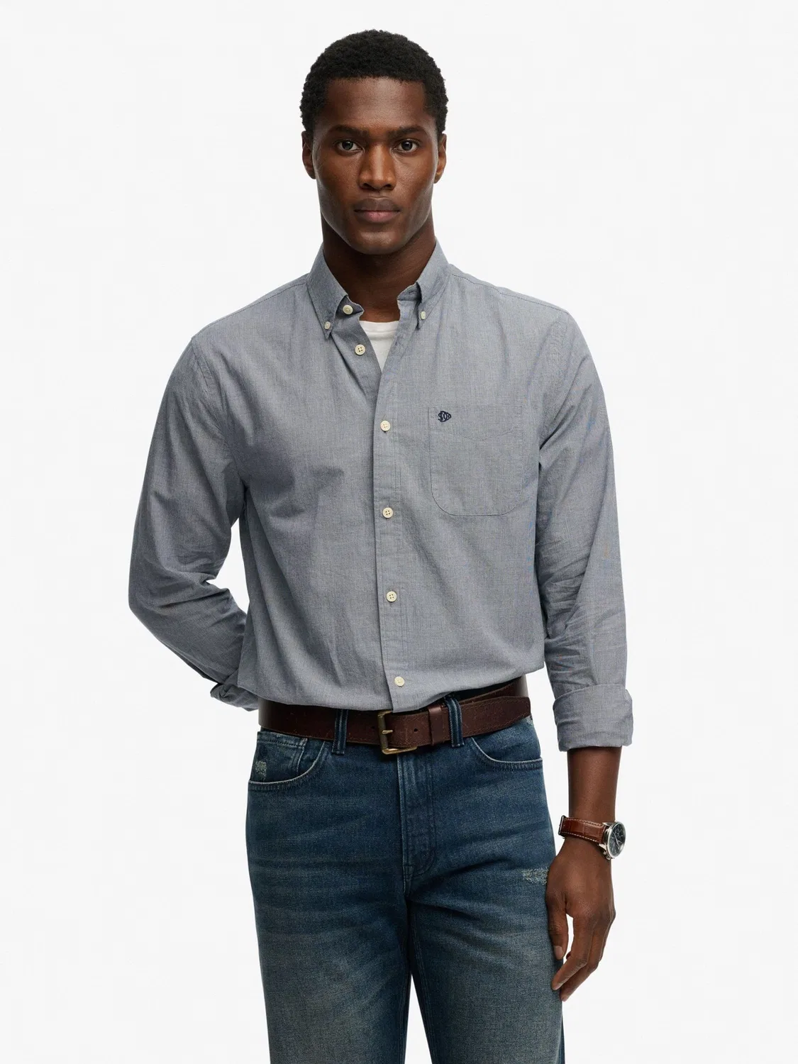 Рубашка повседневная Preppy Poplin Long Sleeve Superdry, темно-синий с микро-гусиной лапкой — фото 2