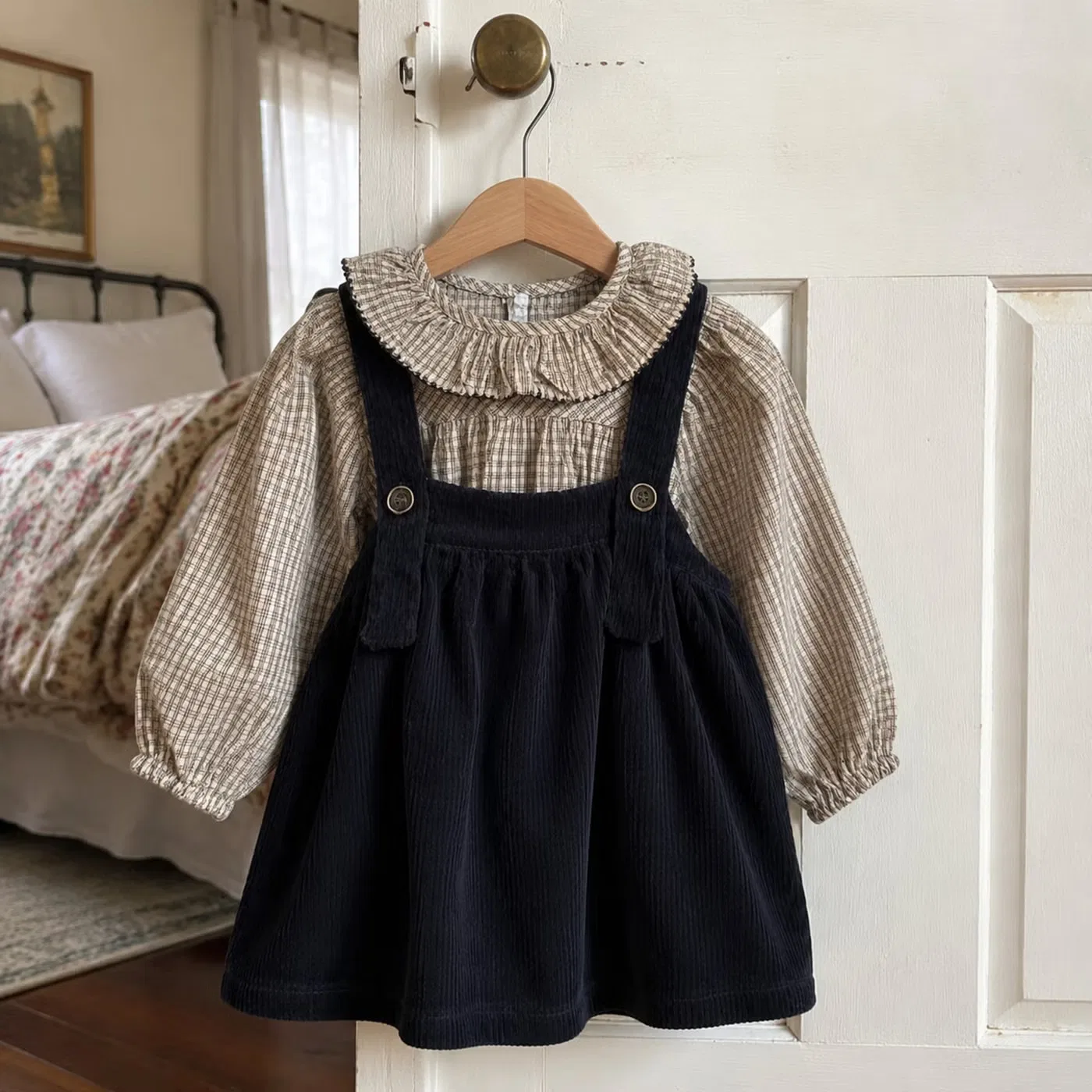Комплект платье-сарафан из вельвета с блузой в клетку Bloomknit, синий