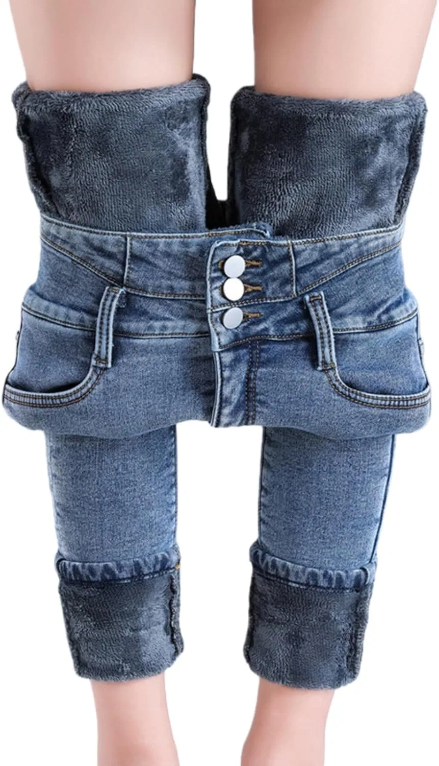 Женские джинсы скинни с начёсом, High Waisted, Retro Blue