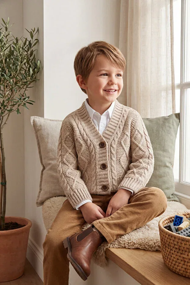 Детский кардиган с косами и пуговицами Babily, Beige