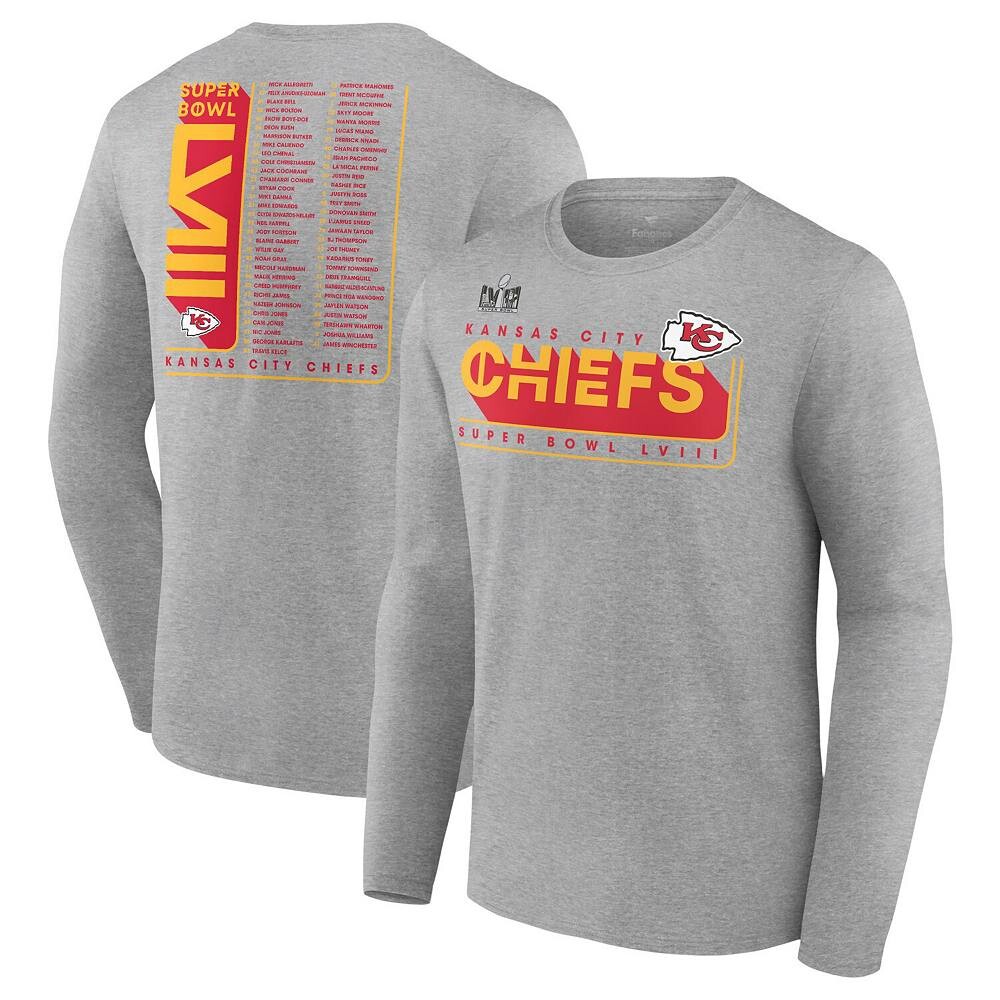 

Мужская футболка Fanatics с логотипом Heather Charcoal Kansas City Chiefs Super Bowl LVIII Roster с длинными рукавами, цвет Chf Charco