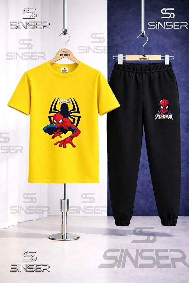 Детский спортивный костюм для девочек с принтом Orumcekman Orumcegin Onunde 3lu Square In The Square 3lü T-shirt Tracksuit Set Ss Sinser, Blue - Orange - Yellow — фото 4