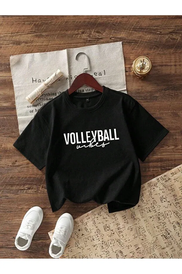 Детская футболка с принтом Volleyball printed 100% cotton premium t-shirt with crew neck for kids Let'S Wear, Black