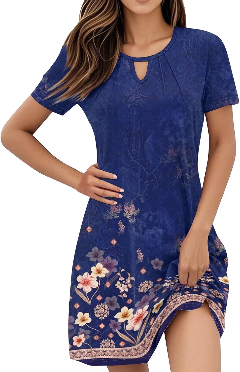 Женское мини-платье A-силуэта с коротким рукавом, Floral, Dark Blue