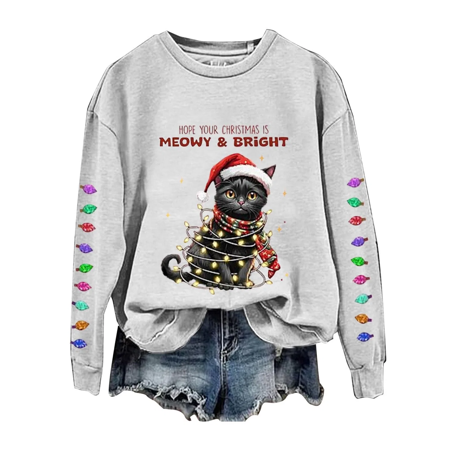 Женский свитшот с принтом Christmas Tree Funny Cat Say What Woman Pullover, Z03 White