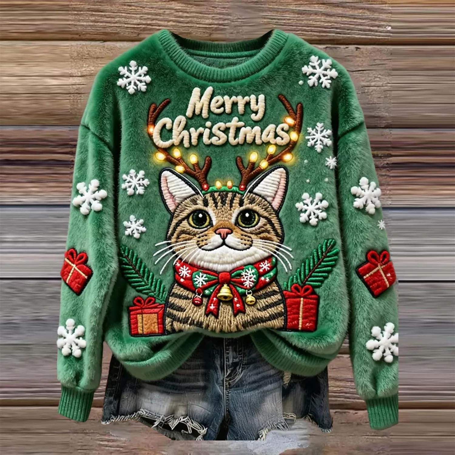 Женский свитшот с принтом Christmas City, фланелевый, теплый пуловер, Zc-green — фото 2