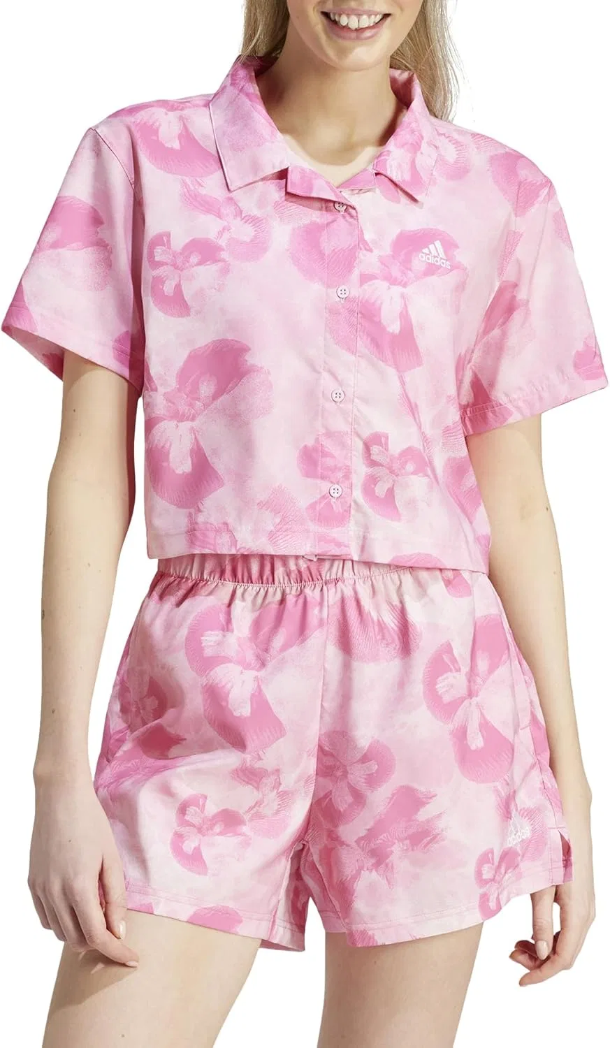 Полочная рубашка adidas с цветочным принтом, Off White/Bliss Pink — фото 2