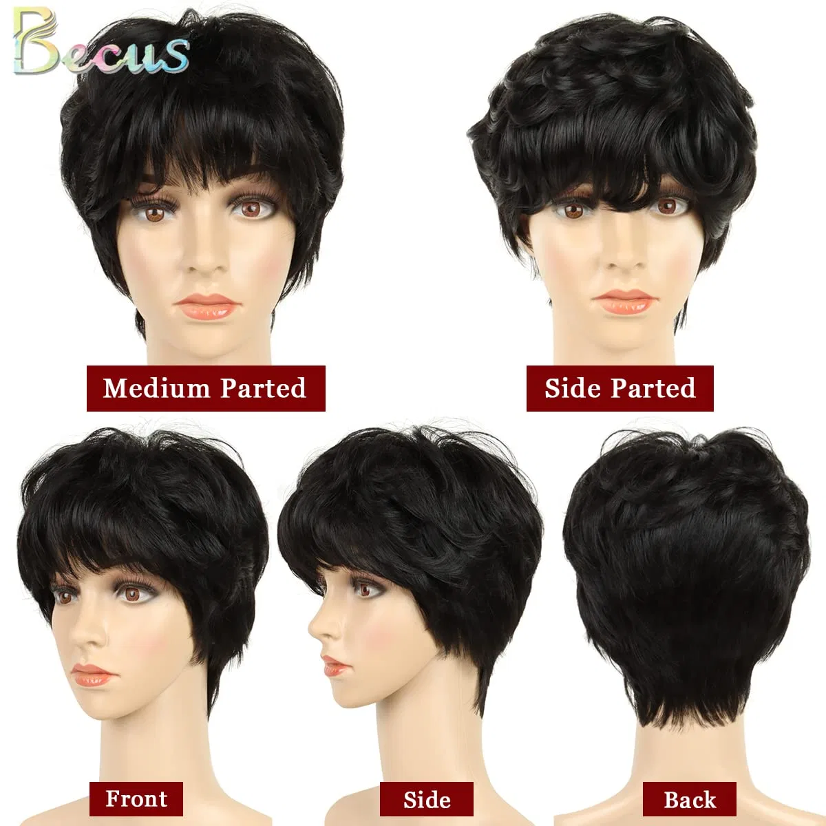 Короткий женский парик BECSU Pixie Cut с челкой, натуральный черный Becus, Black Wig — фото 2
