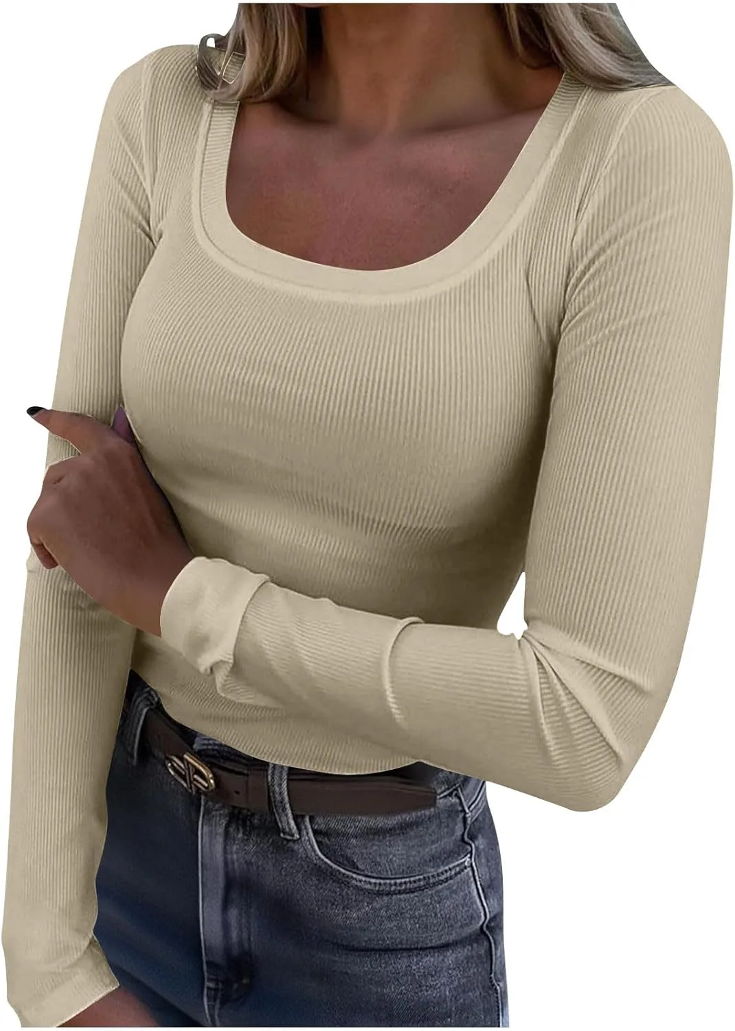 Женская футболка с длинным рукавом и круглым вырезом, Casual Slim Fit, рибана