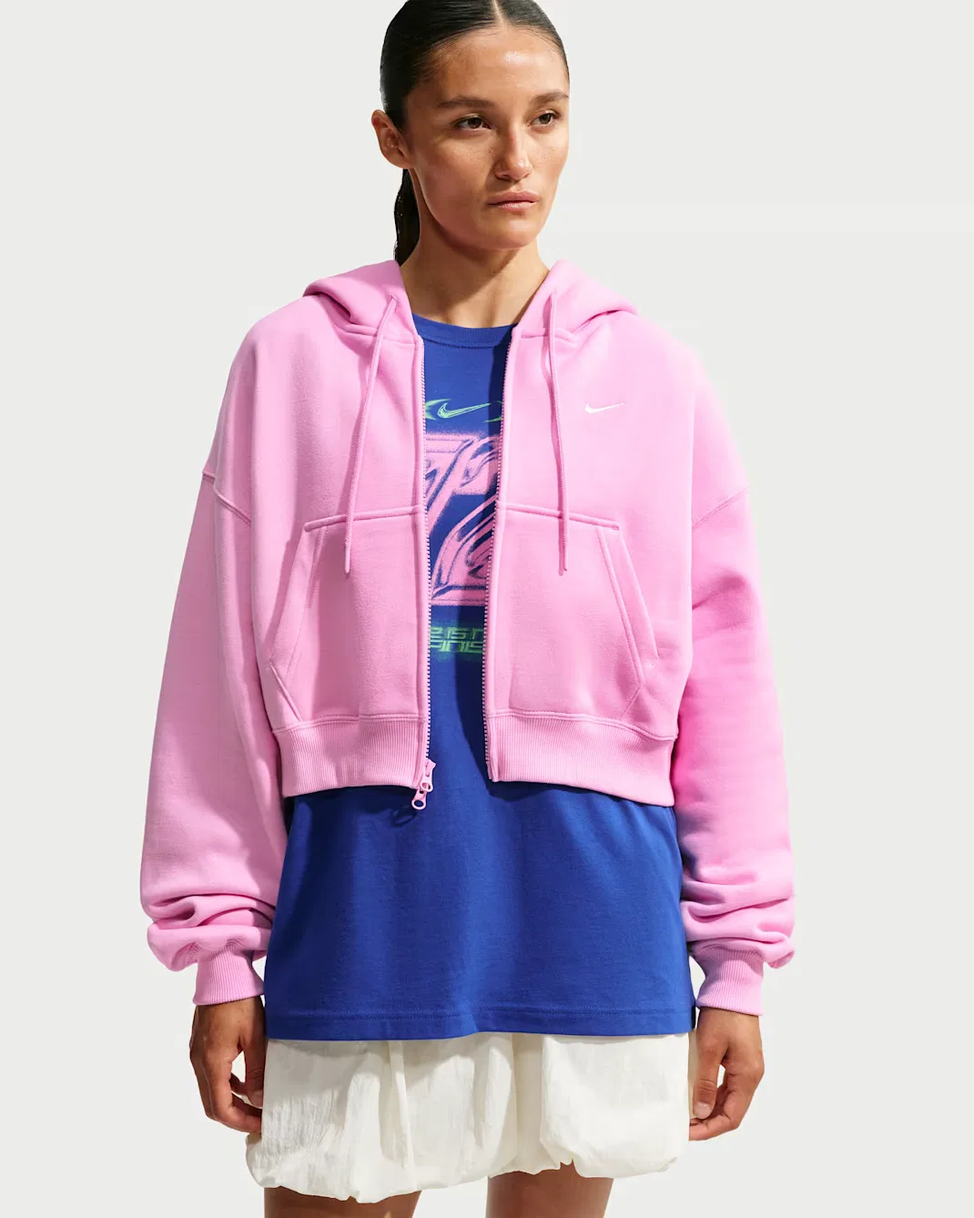 Женская укороченная толстовка оверсайз на молнии Nike Studio Fleece Medium Weight, Pink Rise/Sail — фото 3