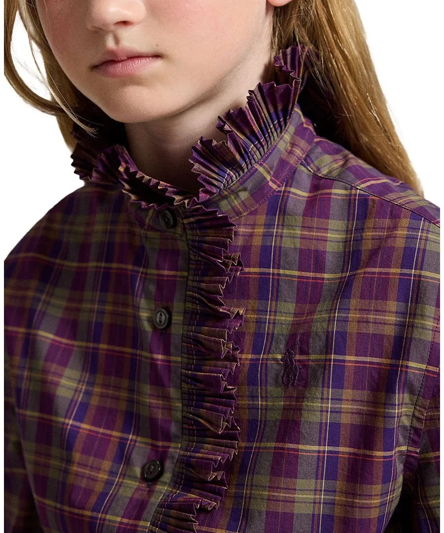 Блуза из хлопкового поплина с воланами и плиссированным принтом, модель Plaid Ruffled Cotton Poplin Top Polo Ralph Lauren, Purple-Green Multi Plaid — фото 4