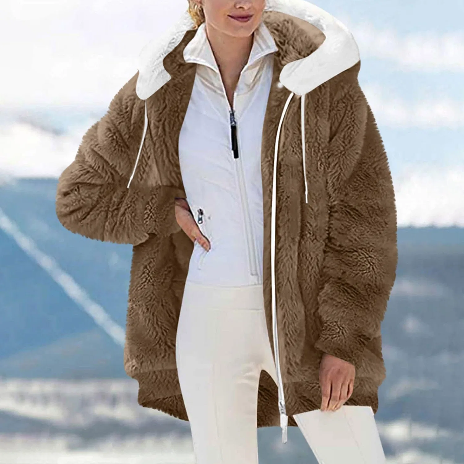 Женский флисовый жакет с принтом Faux Fur Cardigan Coat, Marrone — фото 2
