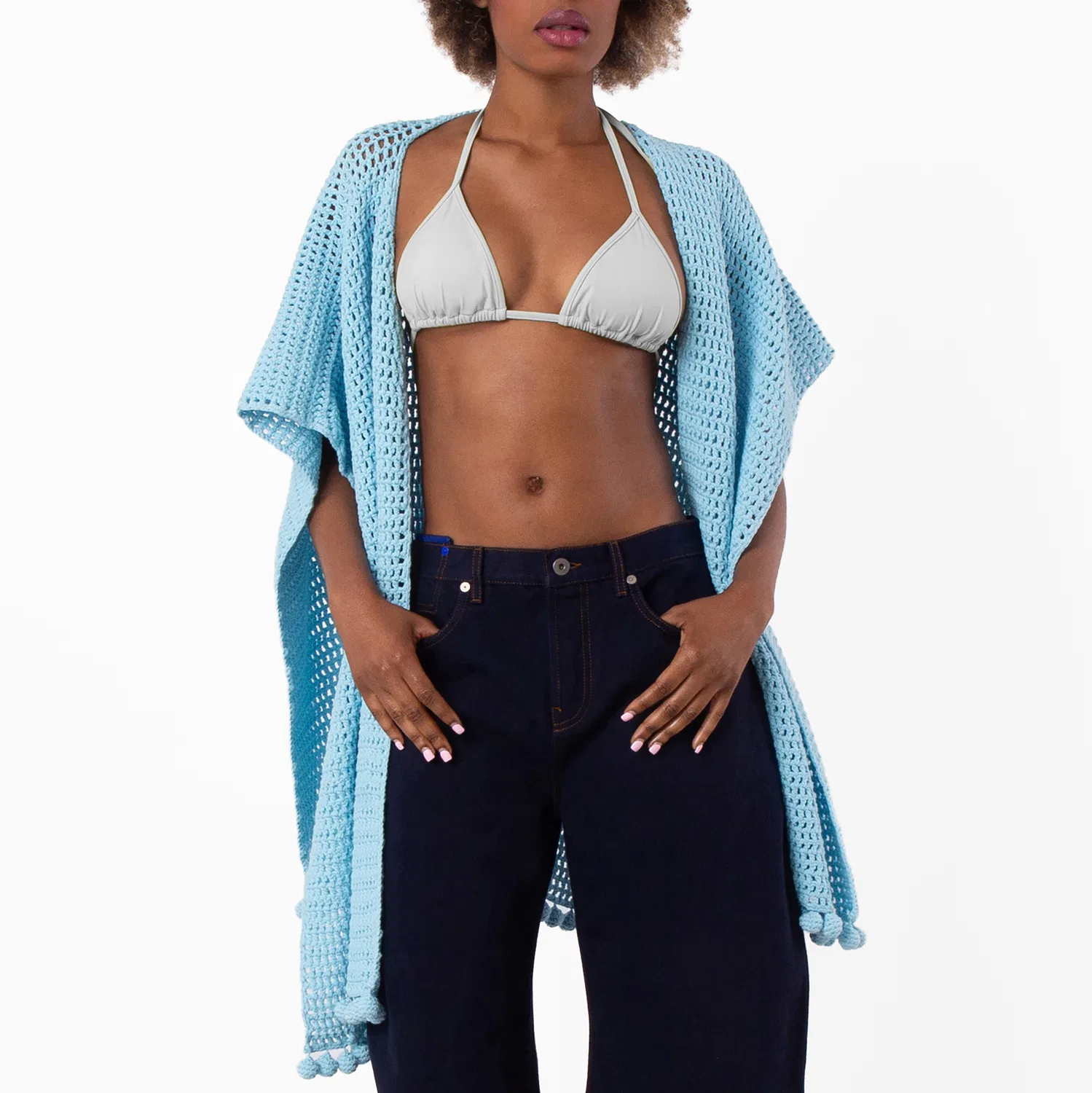 Накидка из хлопка ручной вязки Burberry, Bright Topaz Blue — фото 4