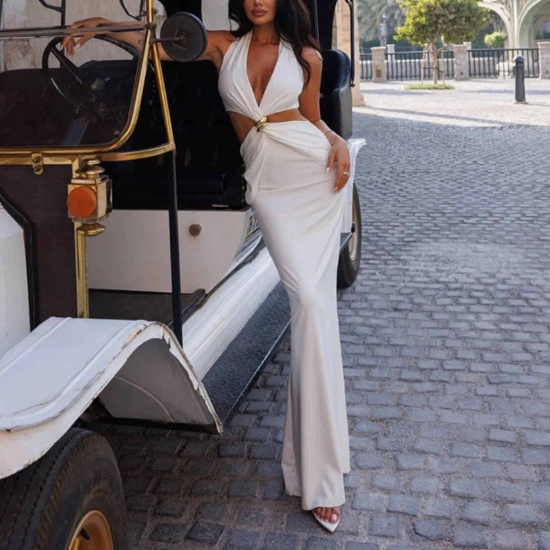 Женское сексапильное платье с глубоким V-вырезом и вырезами, Bodycon Maxi, White — фото 2