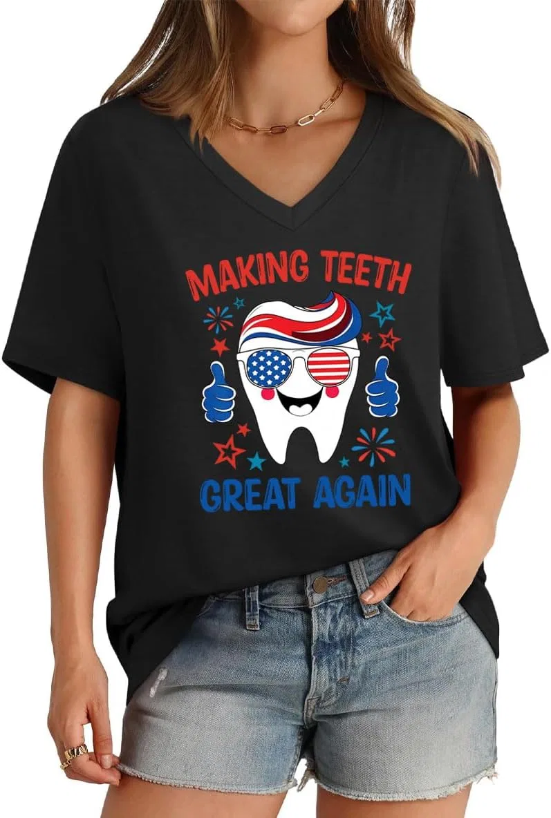 Женская футболка с принтом Making Teeth Great Again V-образным вырезом, Creamy Yellow — фото 2