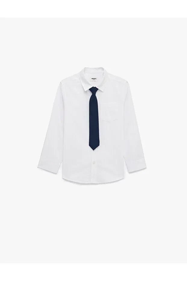 Детская рубашка с длинным рукавом Single Pocket Long Sleeve Shirt With Collar Tie Poplin Shirt Koton, White