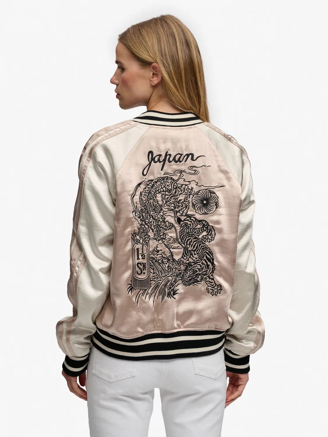 Бомбер с вышивкой Superdry Suikajan, нюдовый — фото 3