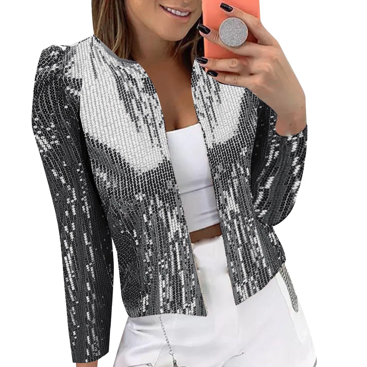 Женская куртка с пайетками, с длинным рукавом, приталенная, Nero