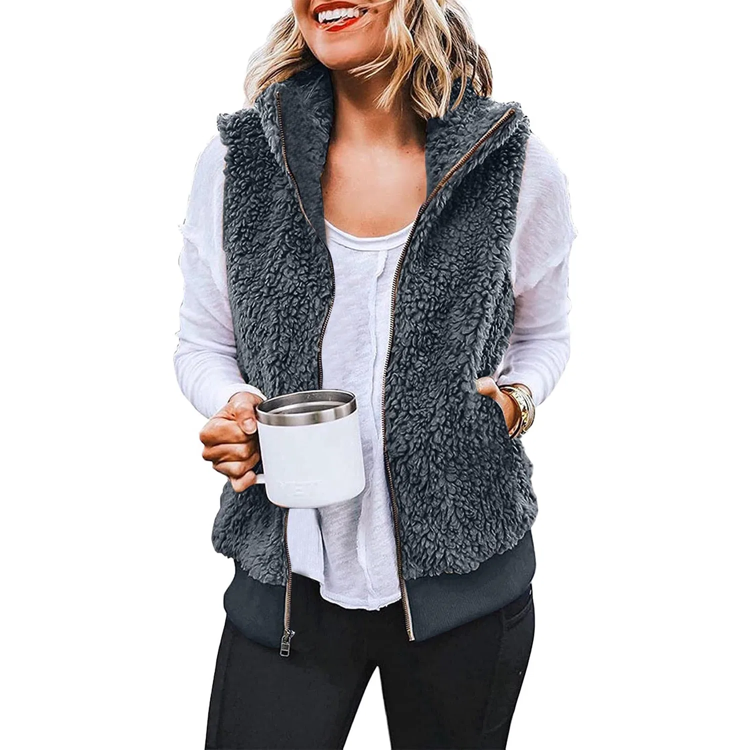 Женский утепленный жилет на молнии с воротником-стойкой, модель Fleece Vest, grey — фото 2