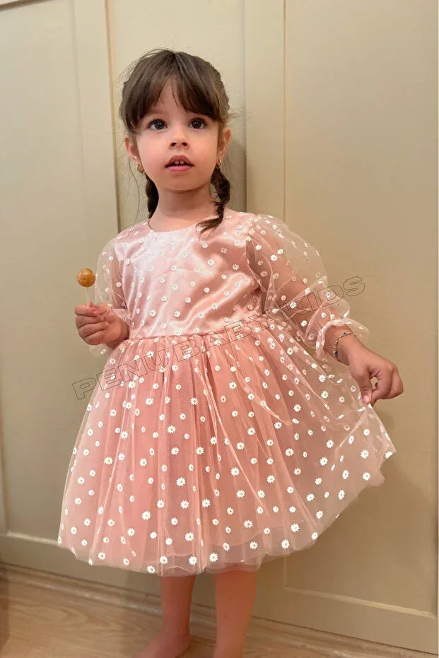 Детское платье для девочек с принтом Powder Pink Floral Print Tulle Skirt and Three-Quarter Sleeve Tulle Dress for Baby Girl & Girl - Flower Penu Baby Kids, Powder Pink — фото 2