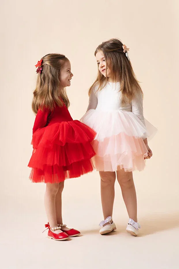 Детское платье-пачка с длинным рукавом Violet ballerina dress tulle tutu dress Banamio, Red — фото 4