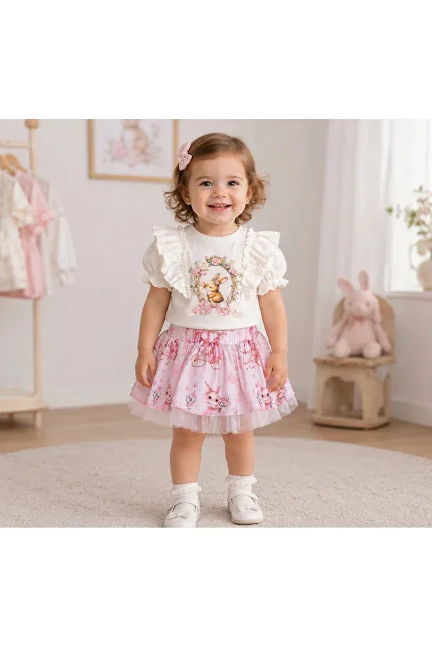 Детский комплект для девочек с принтом Tavşan patterned 2-piece baby girl set with ruffle t-shirt and tulle detail skirts stylish baby combination Allya Mini Dress, Ecru