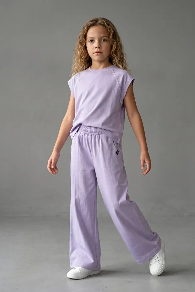 Детские широкие летние брюки для девочек хлопковые Lumy Combed Cotton Girls' Wide-Leg Summer Trousers Colorinas, Lilac