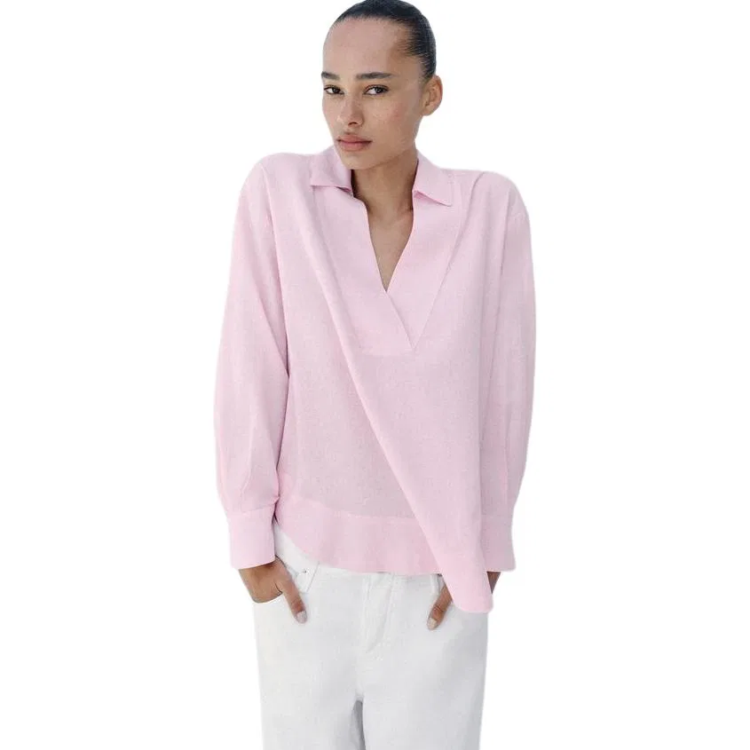 Женская рубашка с V-образным вырезом Pink ZARA, Розовый — фото 4