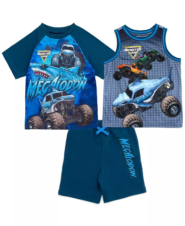 

Футболка, майка и шорты из велюра для мальчиков Little Boys Grave Digger El Toro Loco Megalodon (3 предмета) Monster Jam, мультиколор