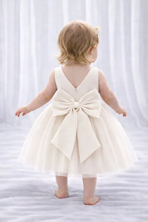 Детское платье для девочек сатиновое с запахом Wrap Mini Dress Suneh, Ecru — фото 2