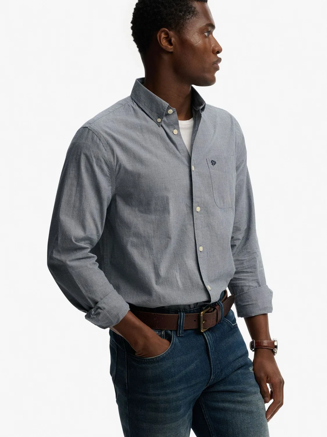 Рубашка повседневная Preppy Poplin Long Sleeve Superdry, темно-синий с микро-гусиной лапкой