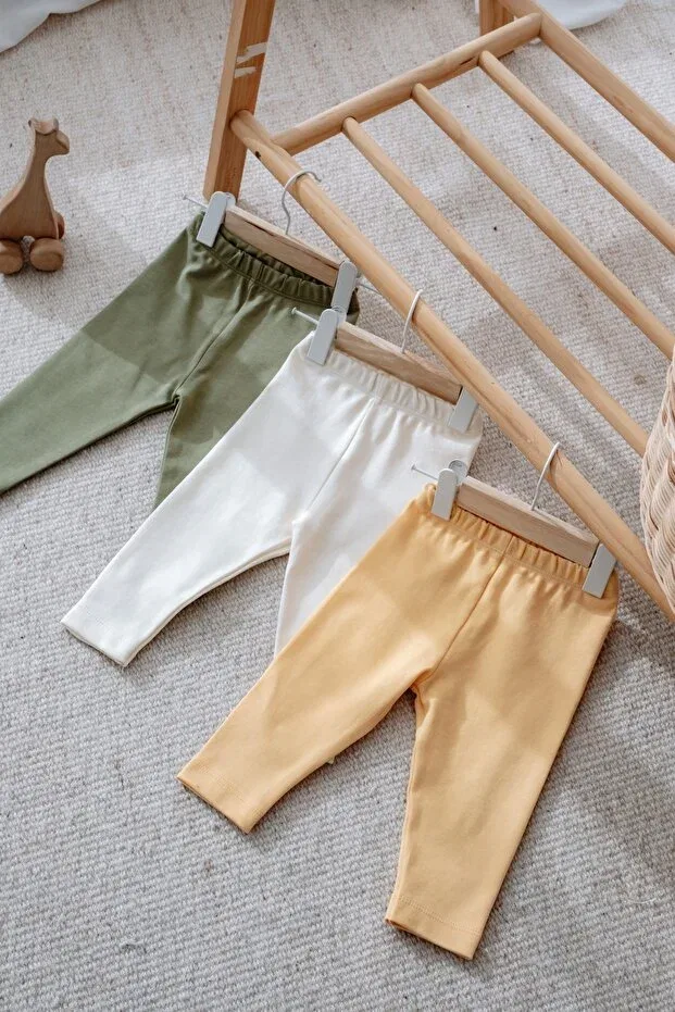 Детские леггинсы для девочек хлопковые комплект 3 шт Frelida Baby & Kids, Ecru Yellow Green — фото 2