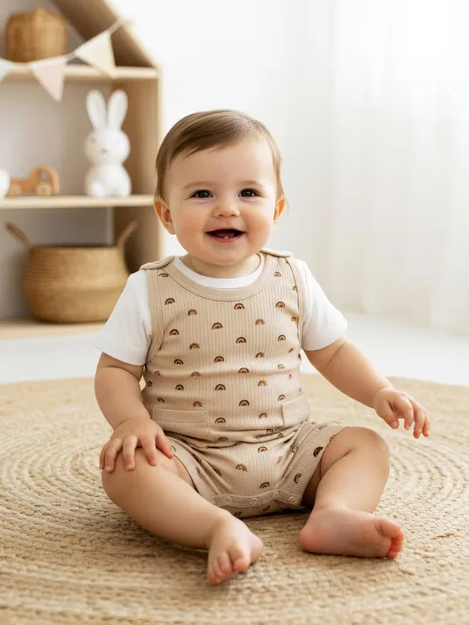 Боди-комбинезон из рубчатого хлопка с коротким рукавом Babies Basic, бежевый — фото 2
