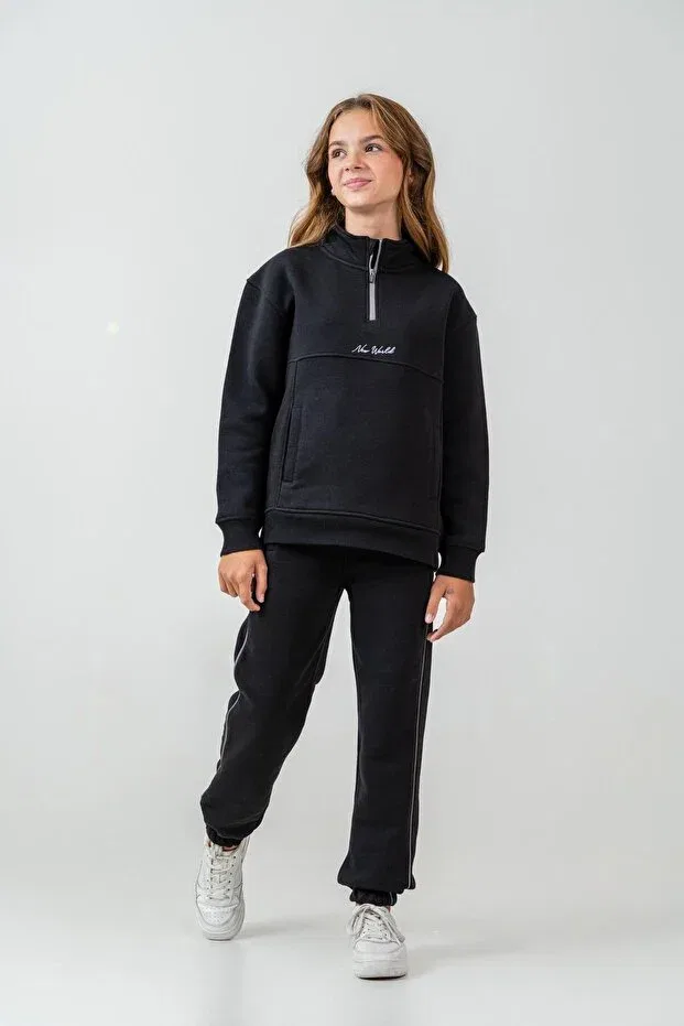 Детский комплект спортивного костюма для девочек с вышивкой New World Embroidered Mışıl Kids, Black