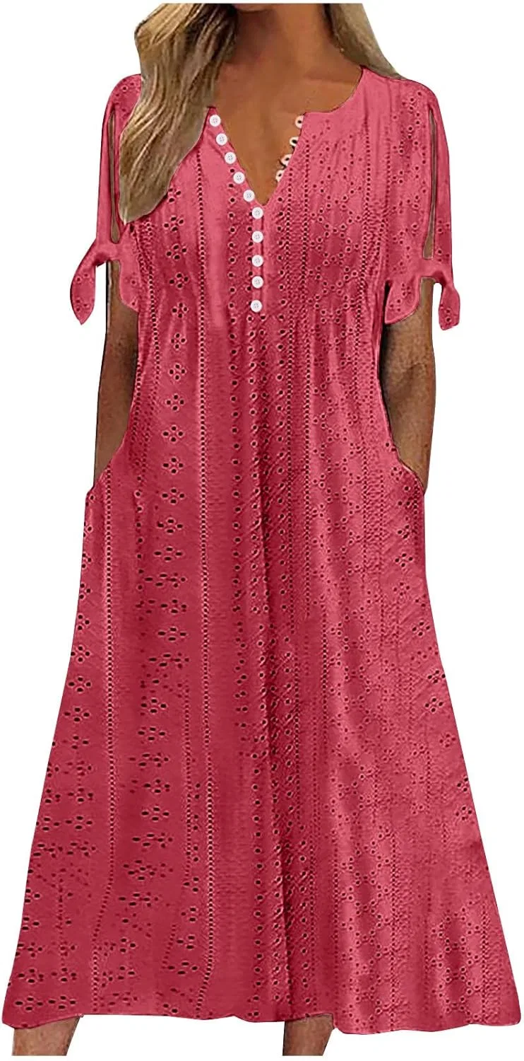 Женское летнее платье макси с принтом Henley Neck, Pink