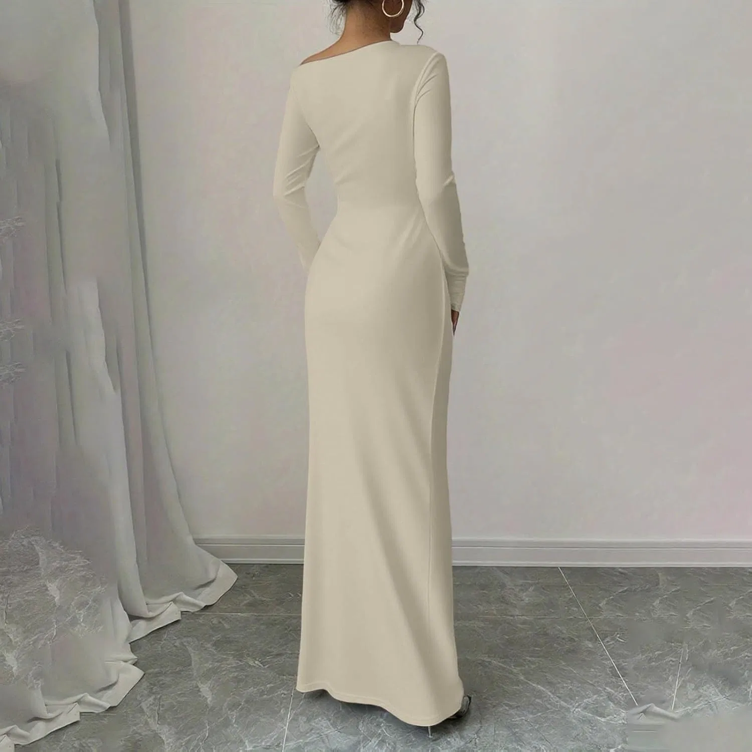 Женское облегающее платье с одним плечом и длинным рукавом, Khaki — фото 4