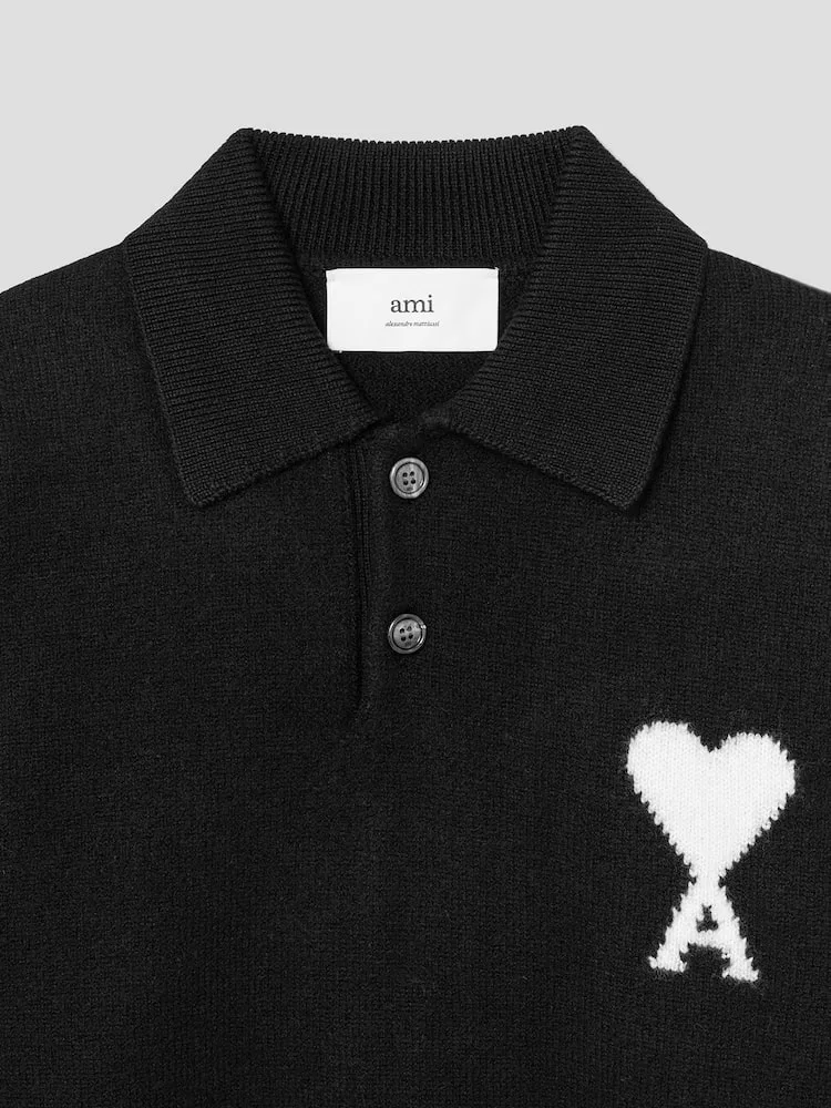 Свитер поло с интарсией, Adc Intarsia Felted Polo Sweater AMI PARIS, Black/Off-White — фото 3