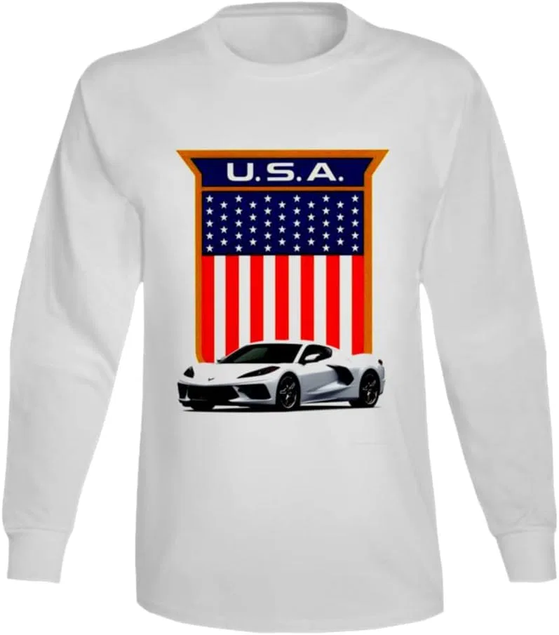 Мужская футболка с длинным рукавом с принтом C8 Vette Sports Car, White