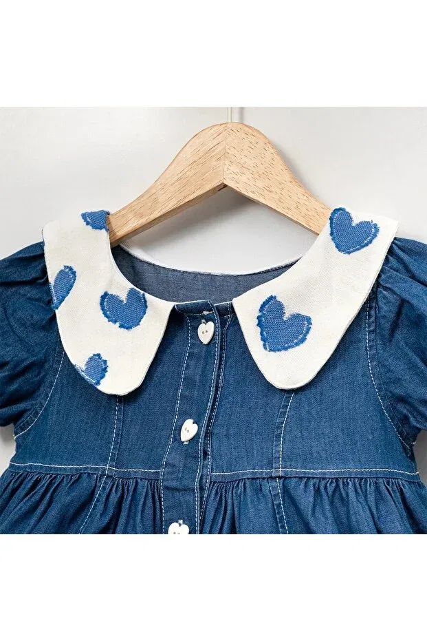 Детское джинсовое платье для девочек с коротким рукавом Girl's heart collar denim dress with buttons and pockets stylish casual jean dress Genel Tr, Navy Blue — фото 4