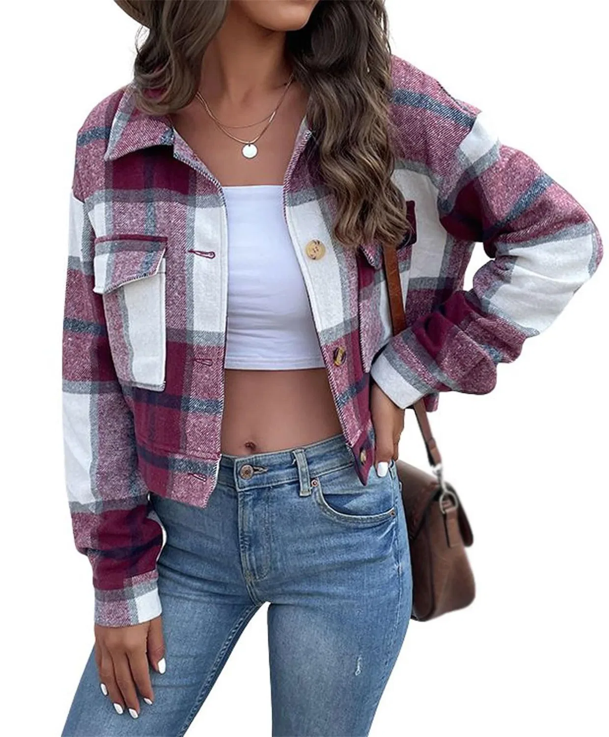 Женская куртка из фланели с длинным рукавом Plaid Flannel Jacket, Red Grape