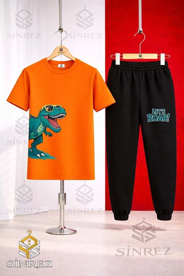 Детский комплект для мальчиков с принтом Dinosaur With Glasses Green Side Printed Sinrez, Orange - Black